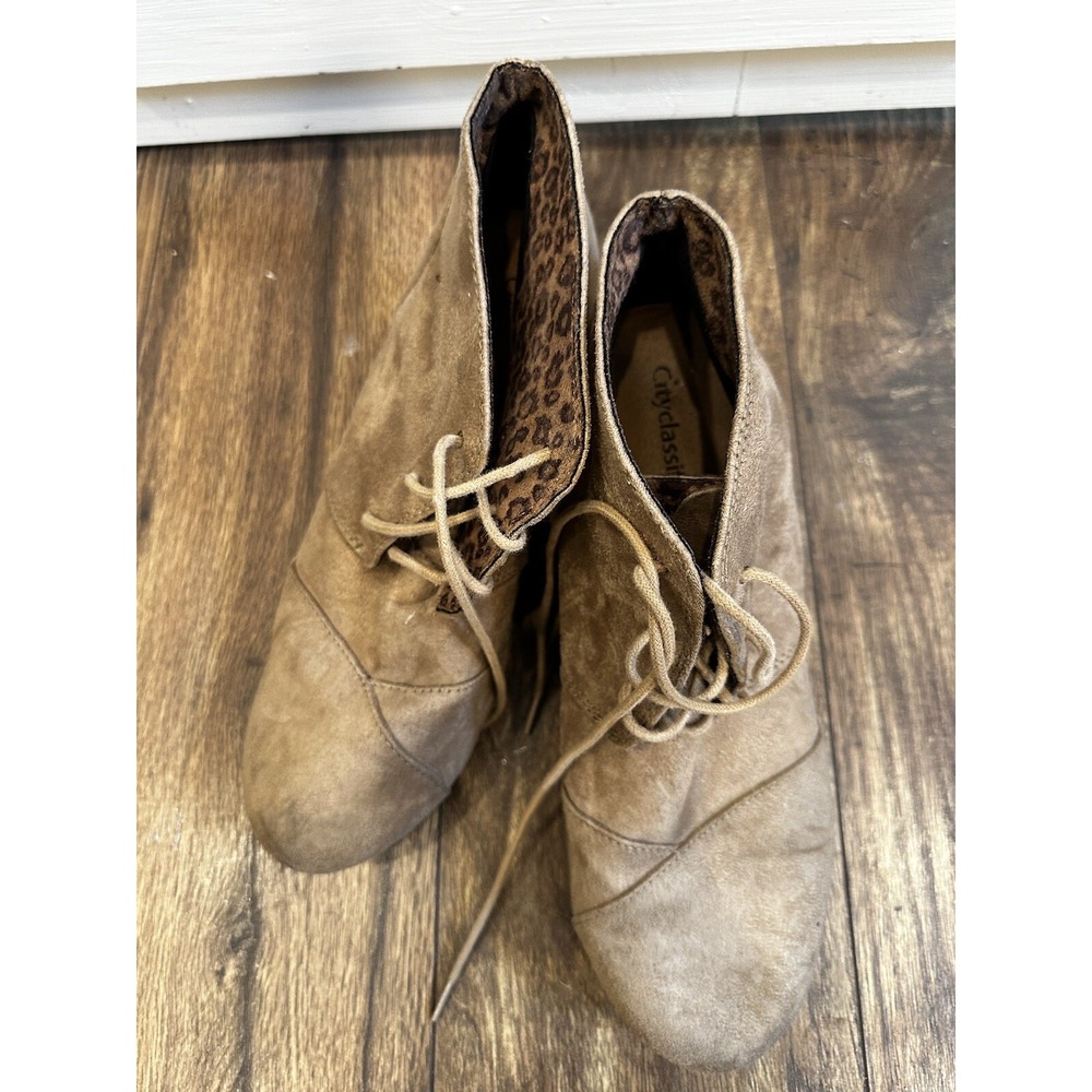 City Classified Womens Wedge Booties Taupe Tan Lace Up Ankle Boots‎ Size 10